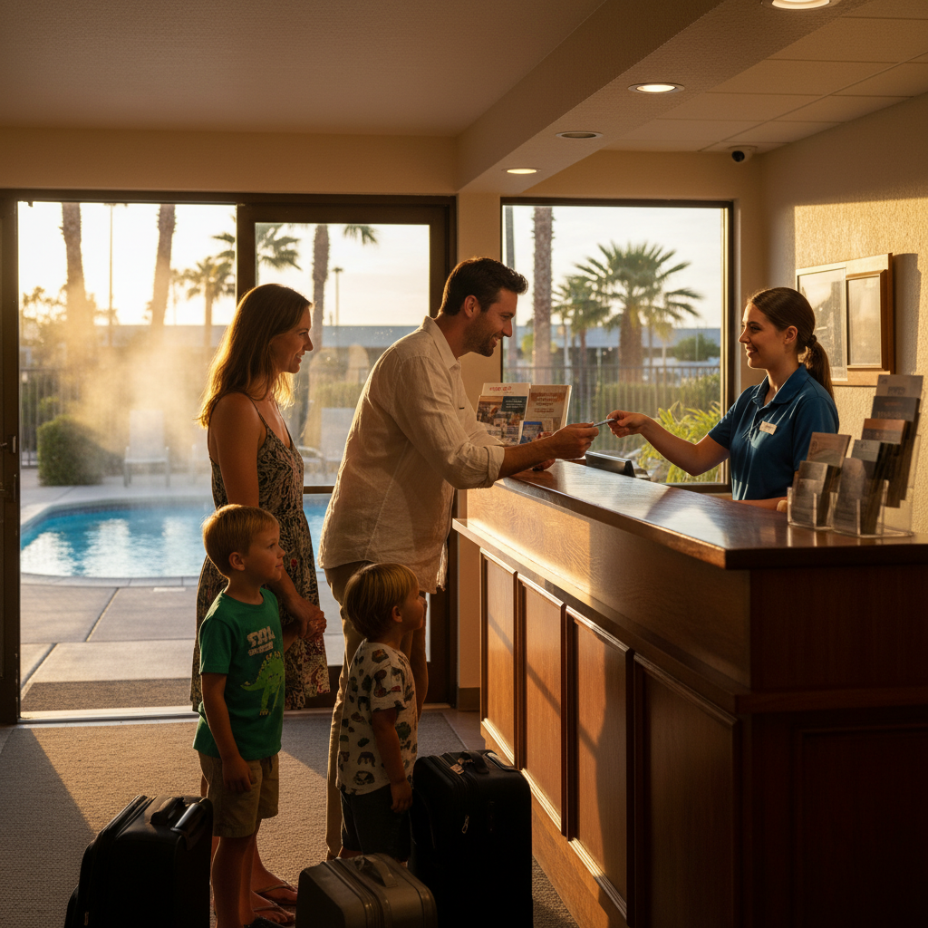 Family checking in at Briarcliff Motel lobby with outdoor heated pool visible through doors