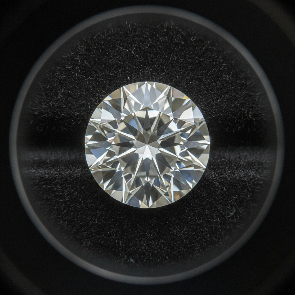 Macro close-up of a round brilliant diamond under a jeweler’s loupe, illustrating how to find a diamond using magnification and the 4Cs