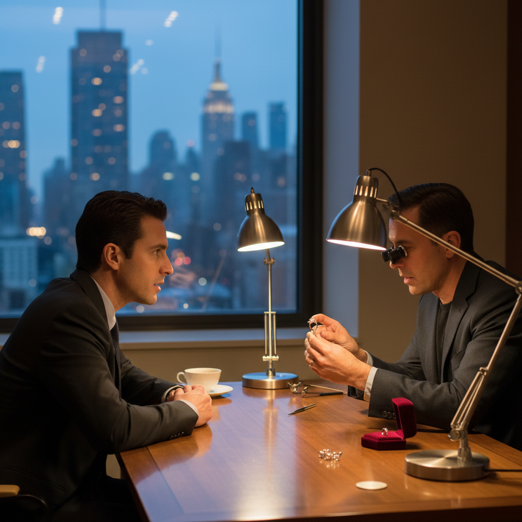 Private NYC consultation scene where a client and expert evaluate a diamond ring under LED task lights, demonstrating how to find a diamond with guidance
