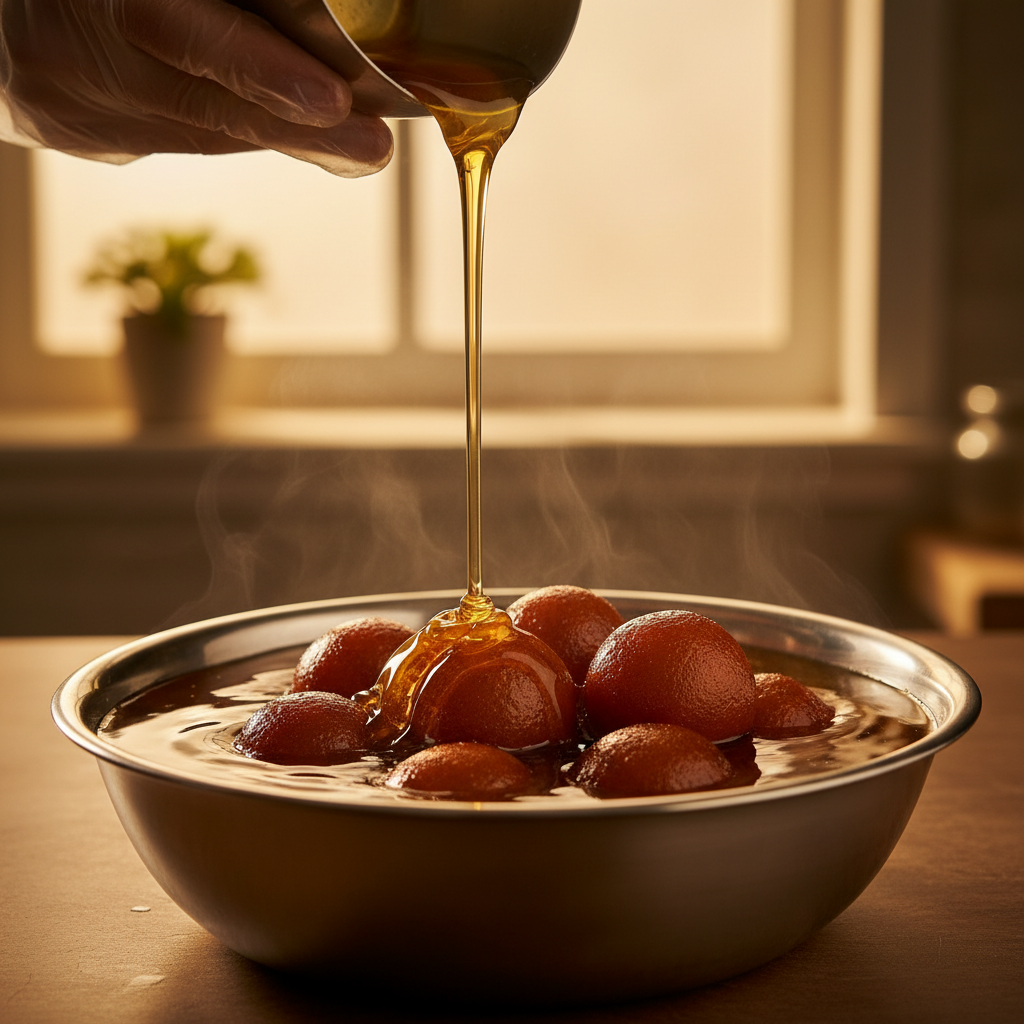 Warm sugar syrup being poured over freshly fried gulab jamun, showing correct soaking technique for ideal texture and shine