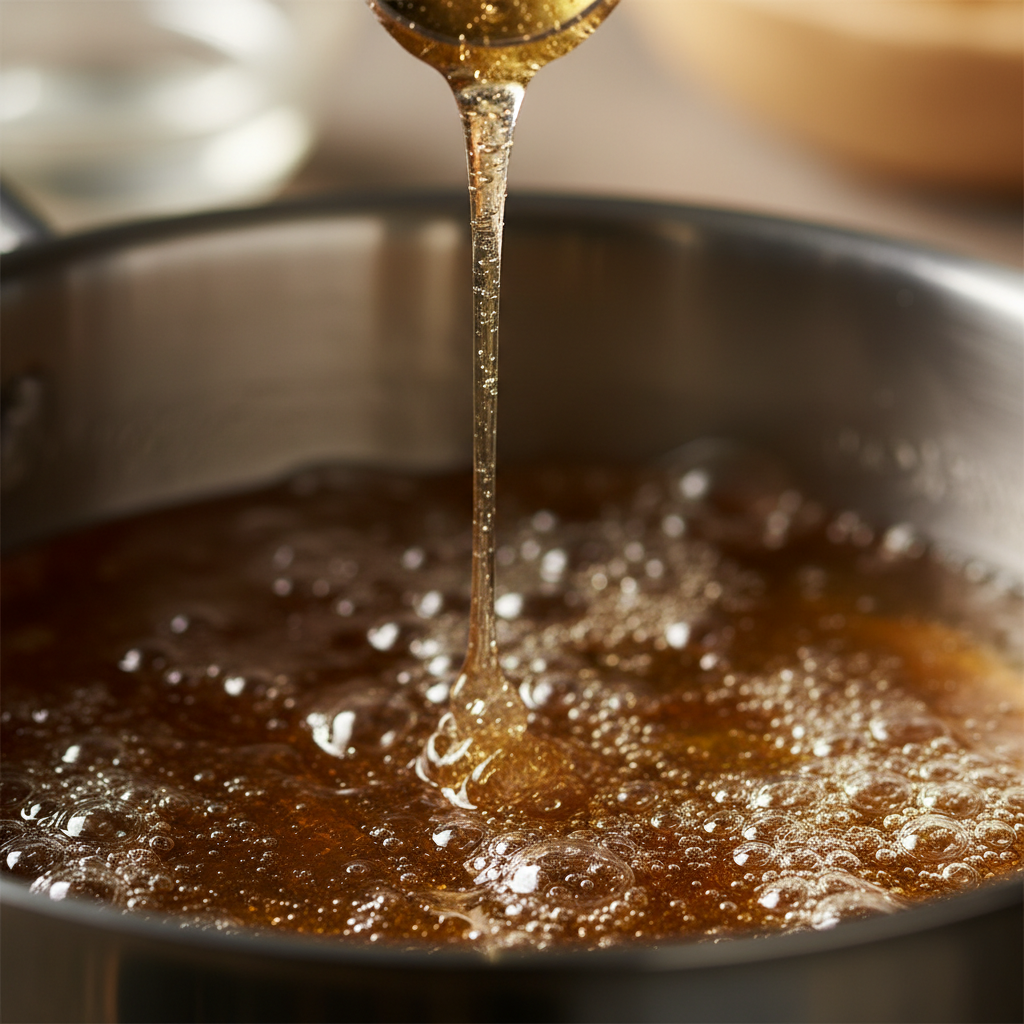 Close-up of one-thread sugar syrup for gulab jamun, thin strand forming above saucepan, showing correct syrup consistency stage