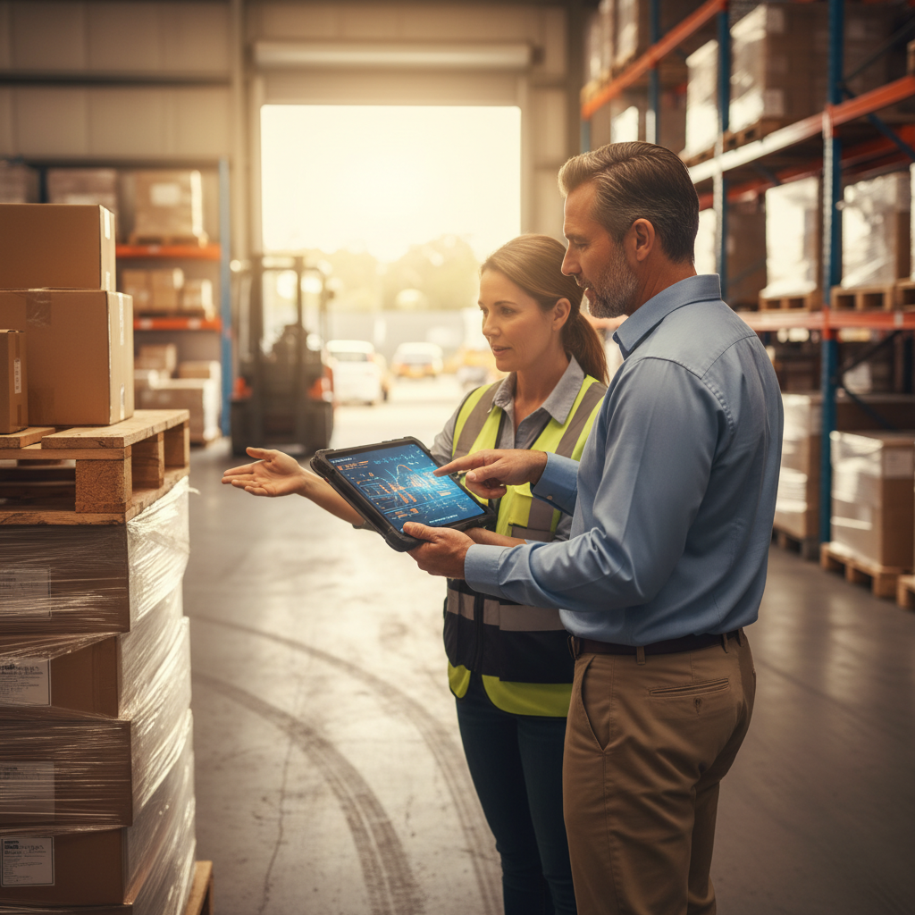 Advisor and SME owner reviewing inventory and cash flow drivers in a Western Sydney warehouse