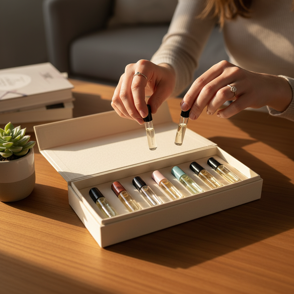 Top-down view of discovery set and sample vials showing how to test scent finder tool matches at home