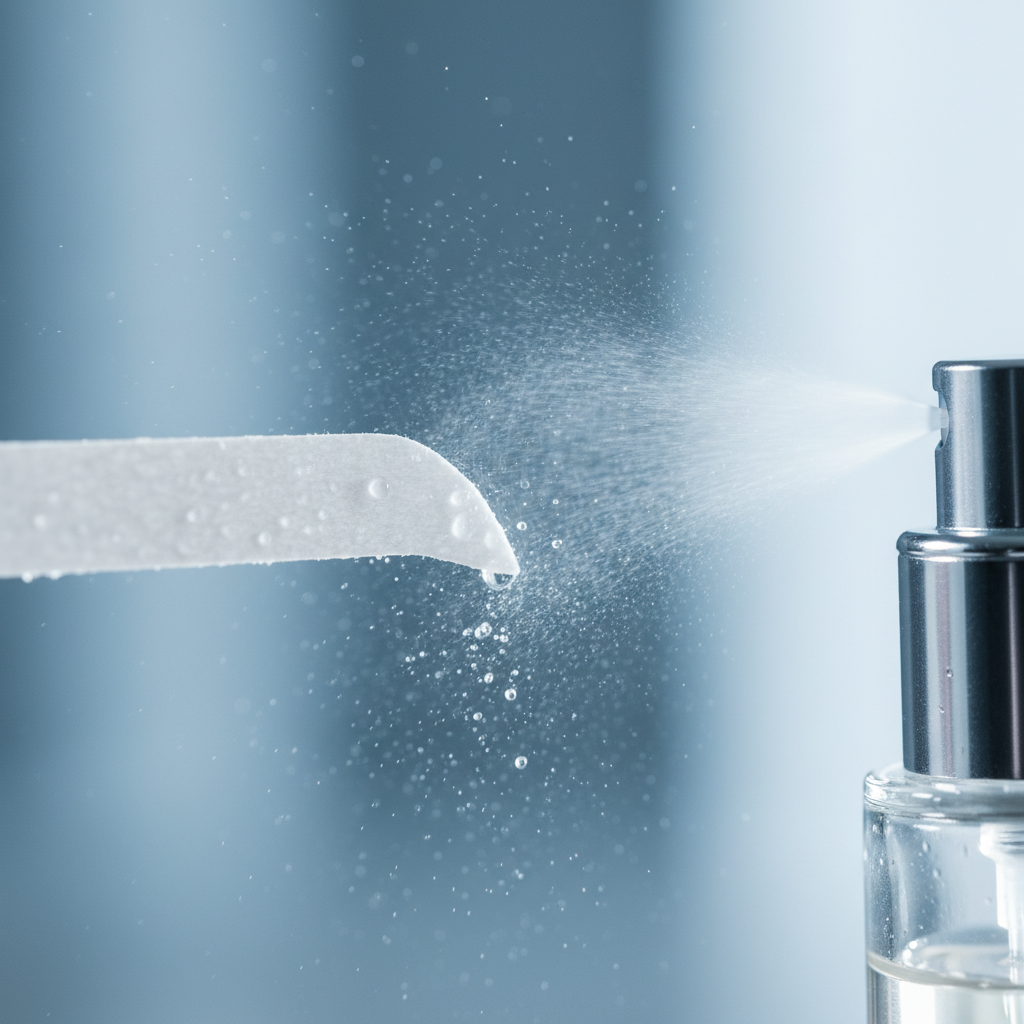 Close-up of perfume blotter and atomizer mist illustrating how a scent finder tool leads to precise at-home testing