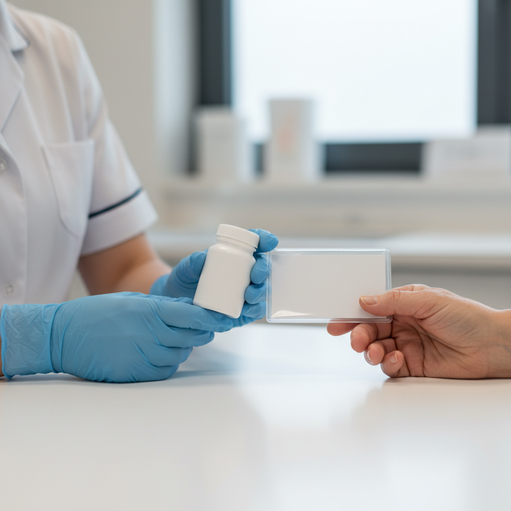Support care close-up: nurse handing medication to patient as part of coordinated outpatient addiction support care