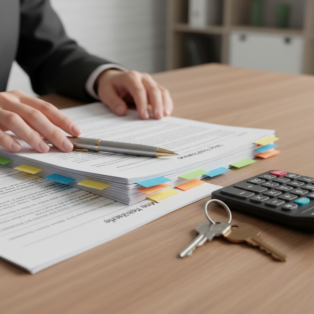Close-up of hands sorting refinance documents with tabs, mortgage checklist, calculator, keys on desk