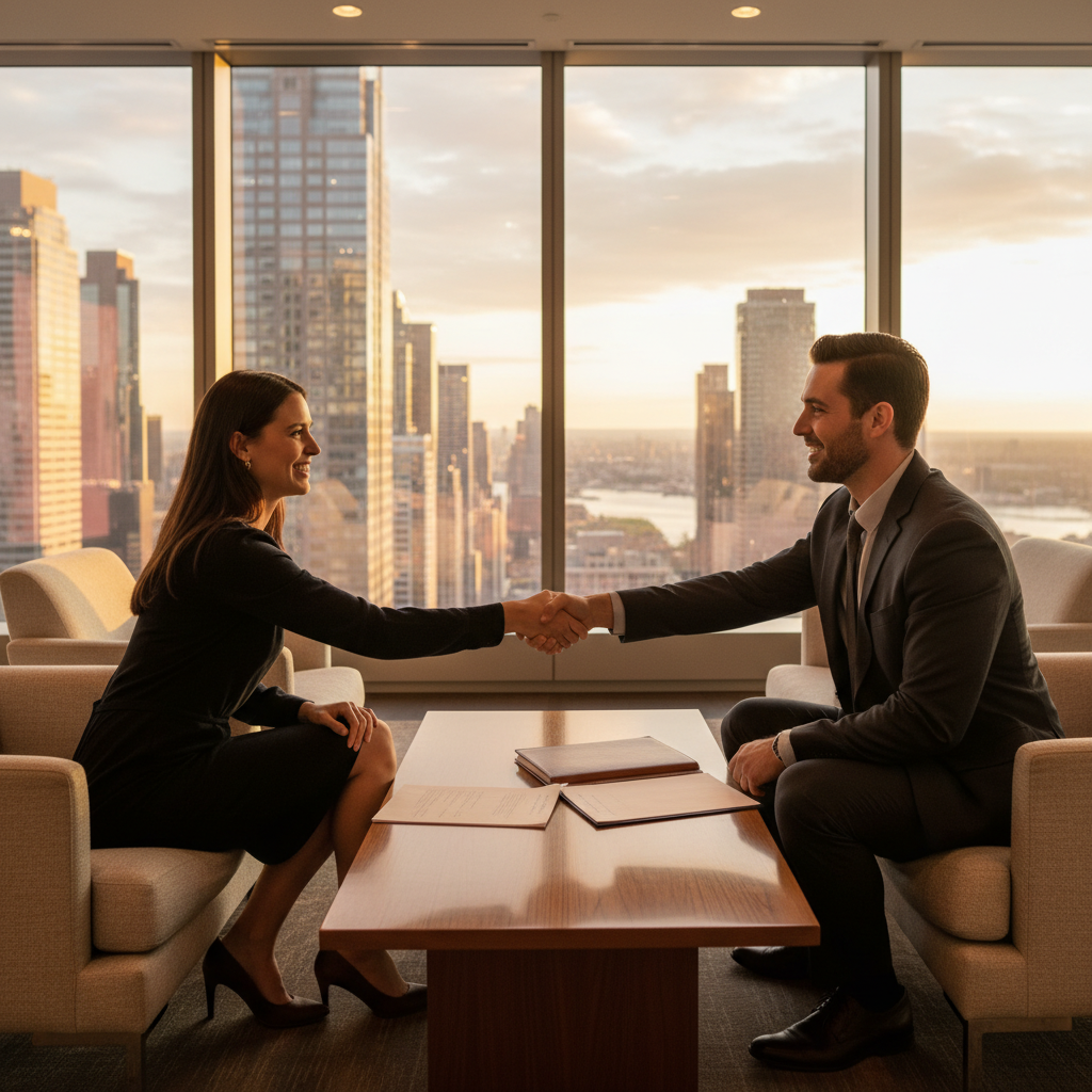 Mortgage broker greeting clients in a modern lounge, handshake over documents, refinance discussion scene