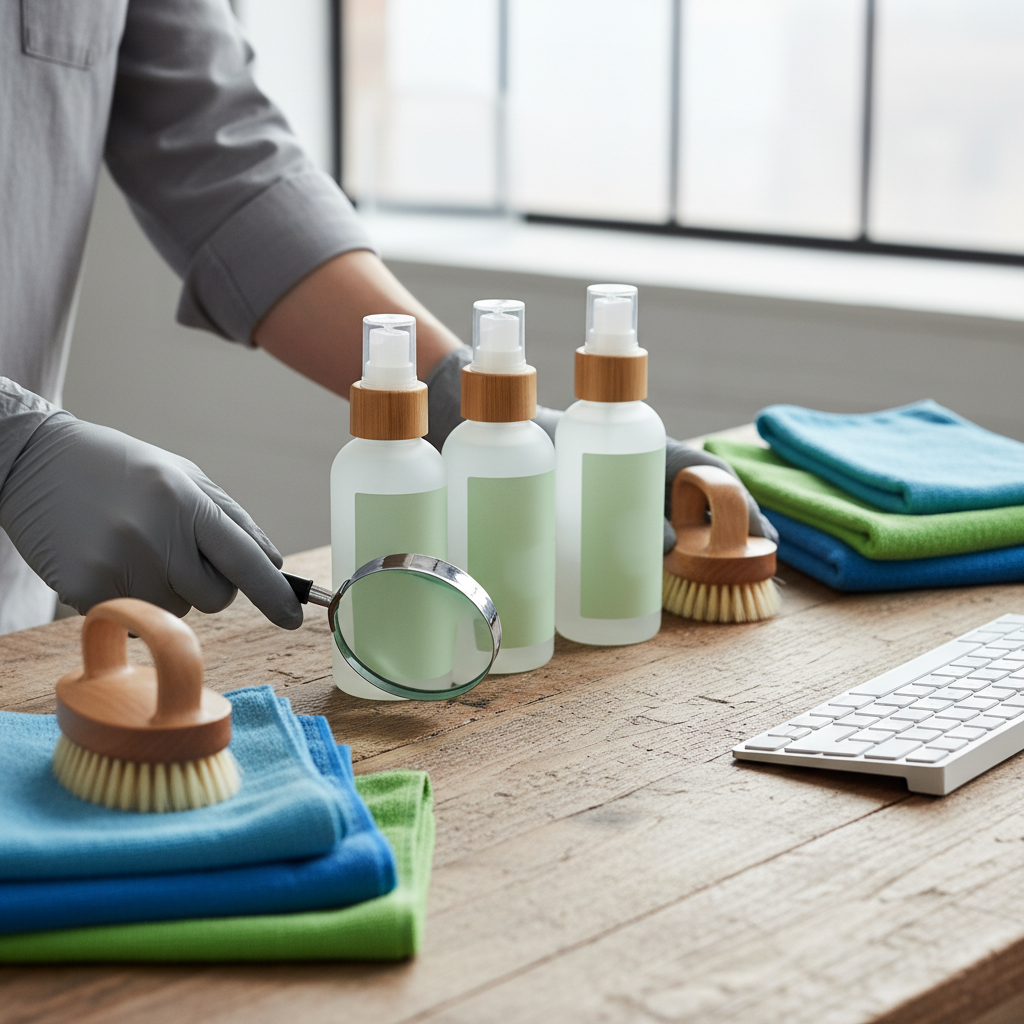 Close-up of eco-friendly cleaning supplies arranged next to a keyboard, symbolizing research and a cleaning service SEO strategy