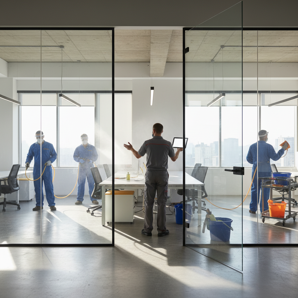 Professional cleaning crew sanitizing a modern office, illustrating demand driven by a cleaning service SEO strategy