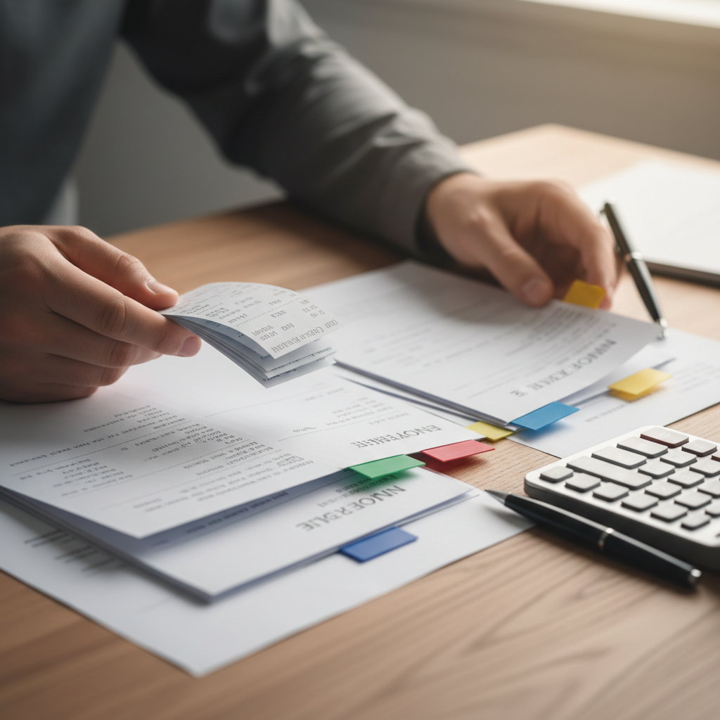 Close-up of hands organizing receipts for small business tax saving strategies with calculator and tabs