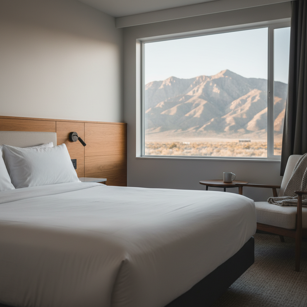 Renovated North Conway motel room with mountain view, crisp bedding, cozy sitting area—great for budget family lodging in the New Hampshire Valley