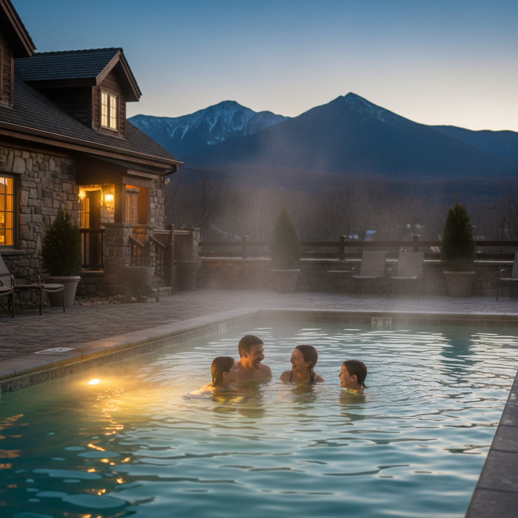Family enjoying an outdoor heated pool at a North Conway motel at dusk, steam rising in cool air with mountain silhouettes
