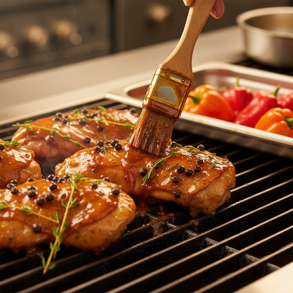 Close-up of jerk chicken being glazed on a grill for Caribbean catering, showcasing spice, grill marks, and heat management