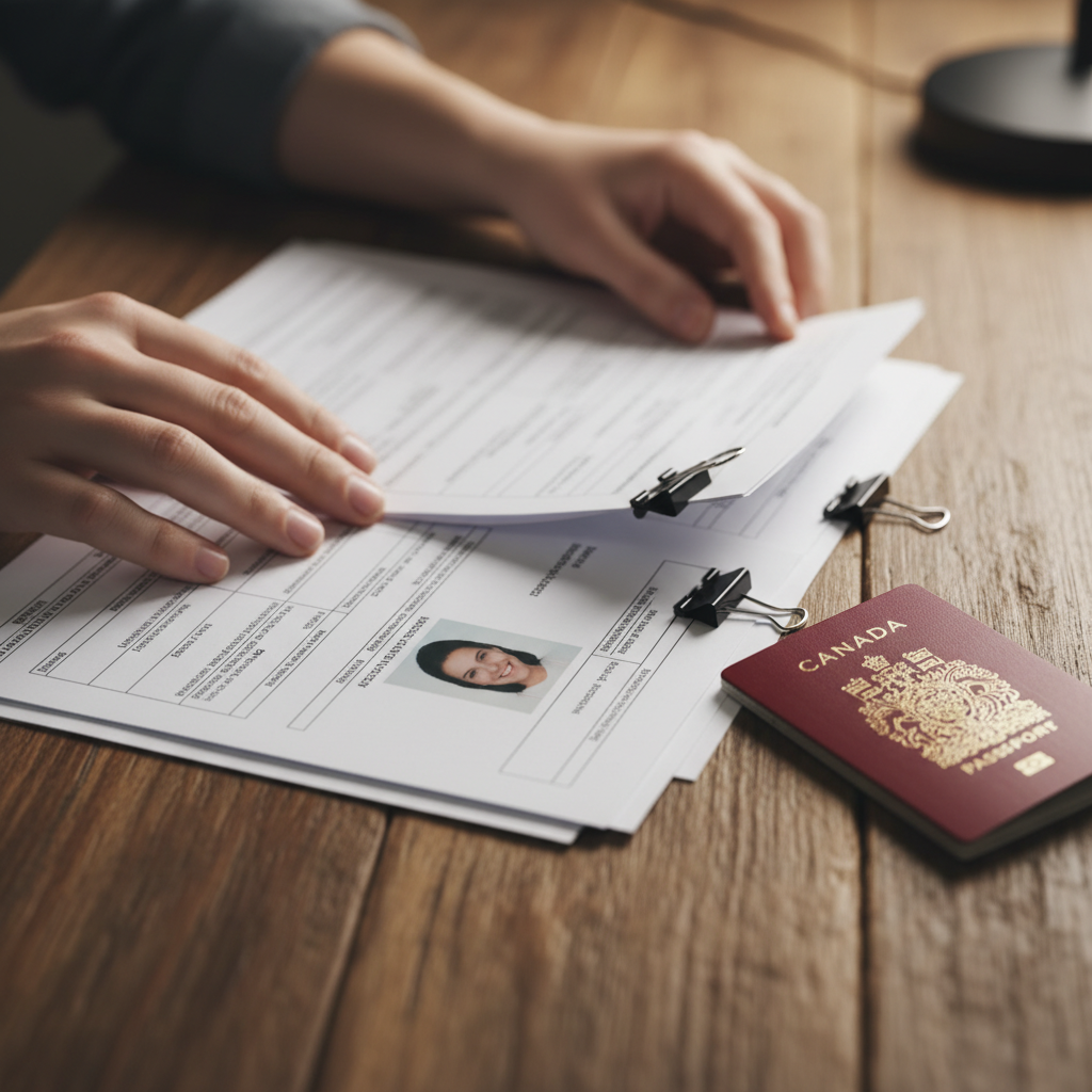 Close-up of immigration application documents, biometrics photo, and Canadian passport illustrating a permanent residence application timeline checklist
