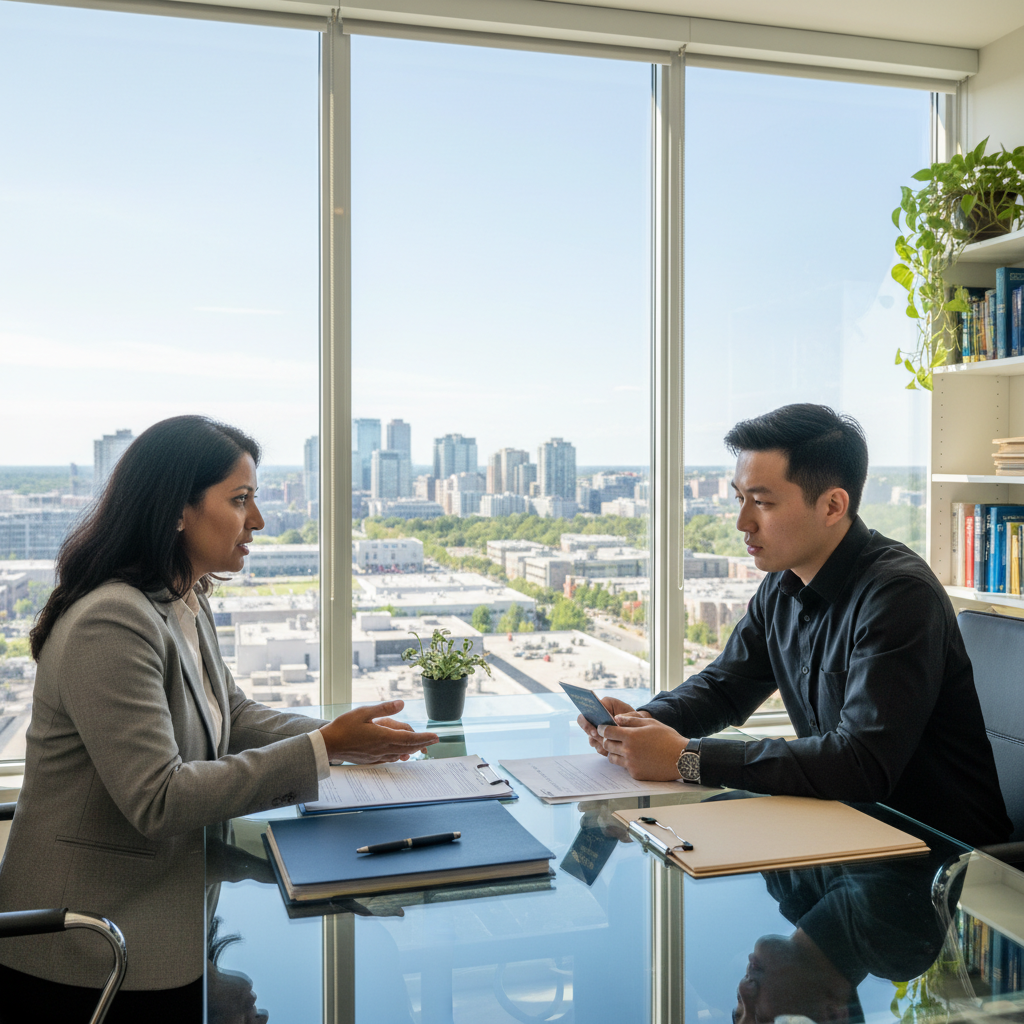 Client meeting with an immigration lawyer in Brampton to map a permanent residence application timeline and milestones for 2026