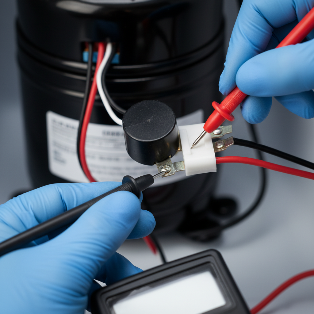 Close-up of multimeter testing a refrigerator start relay for same-day Toronto refrigerator repair