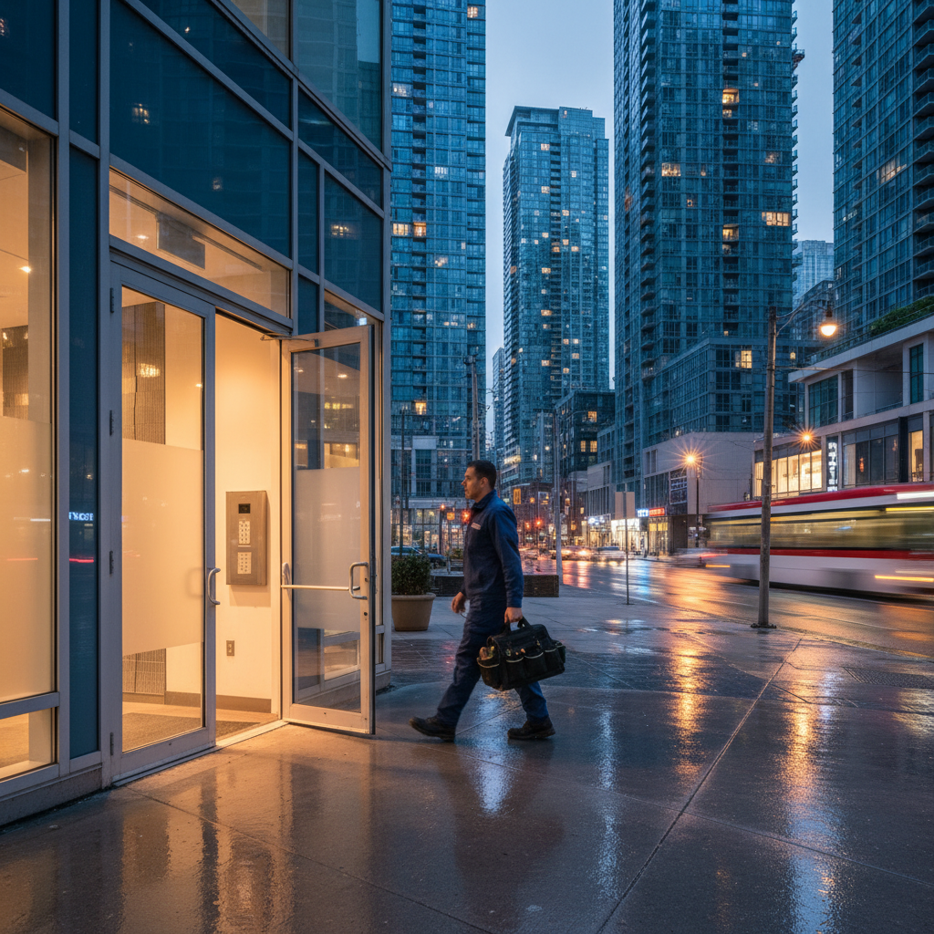 Technician walking toward downtown Toronto condo for same-day refrigerator repair service