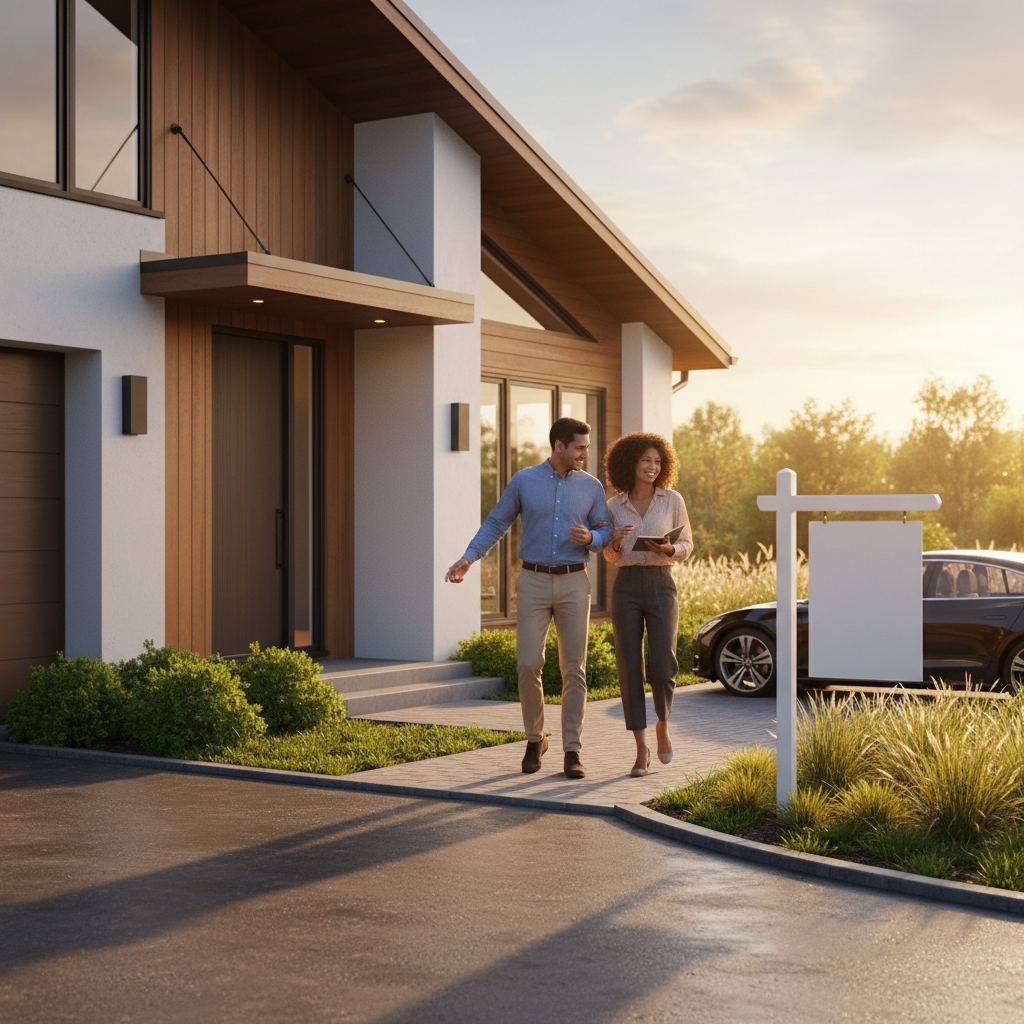 Private home viewing at sunset in Canada: diverse couple approaches a detached house with clean landscaping and warm golden-hour light