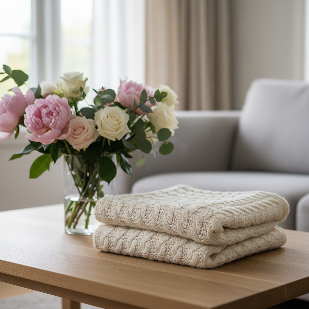 Home staging detail for listing optimization: fresh flowers and throw on coffee table, soft window light, clean minimalist style