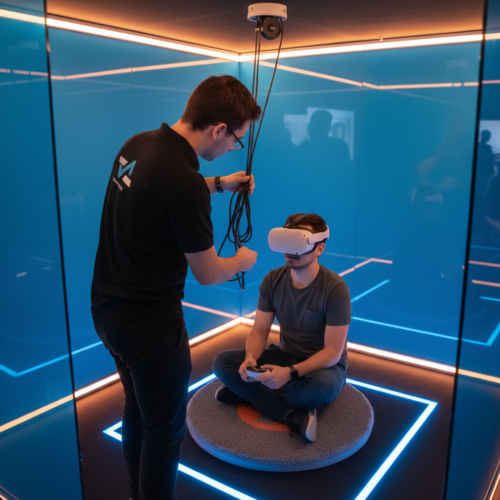 Staff member adjusting a VR headset strap and organizing cables inside a gaming pod, demonstrating proper onboarding and cable management