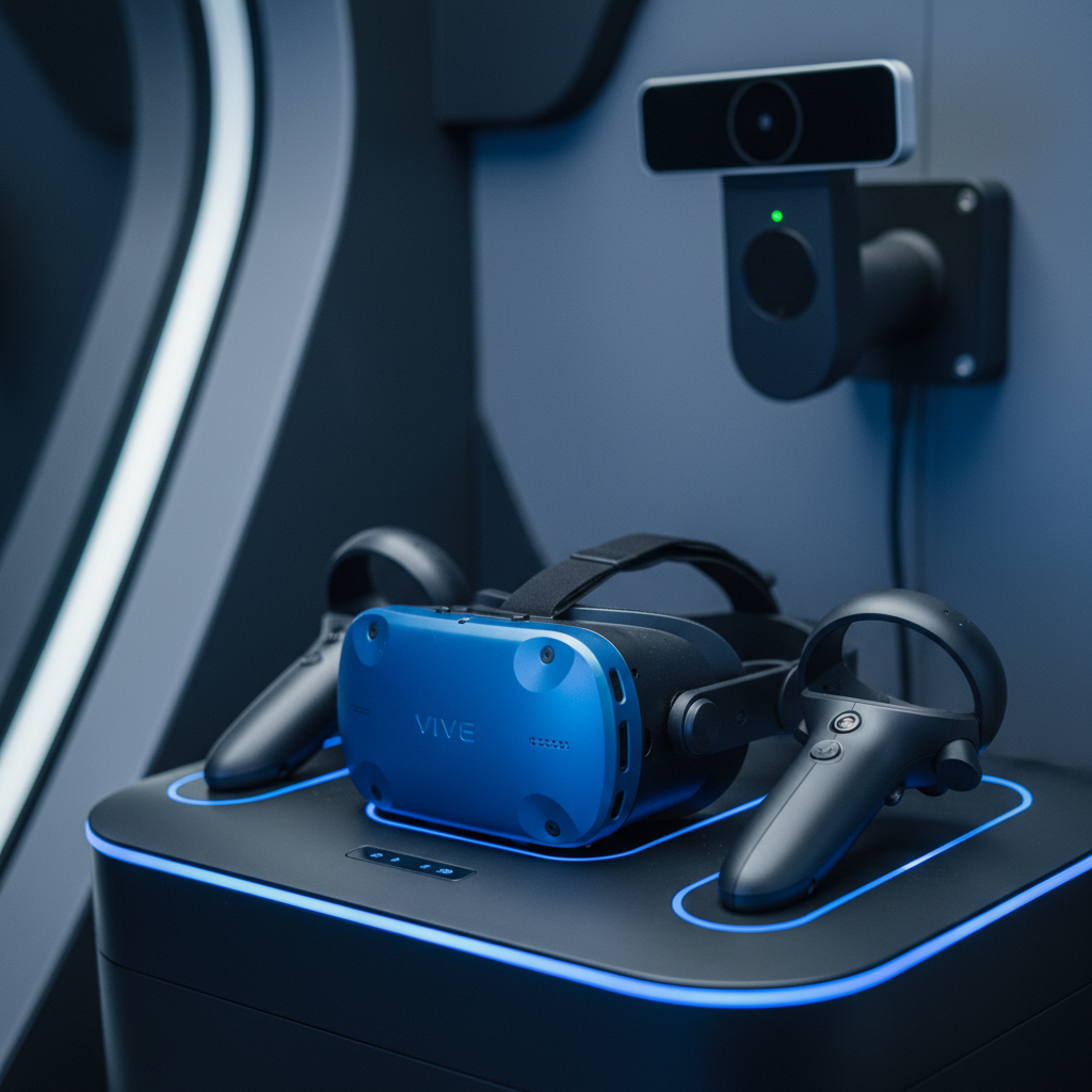 HTC Vive Pro headset and controllers staged on a charging dock inside a VR gaming pod, showing pro-level room-scale setup details