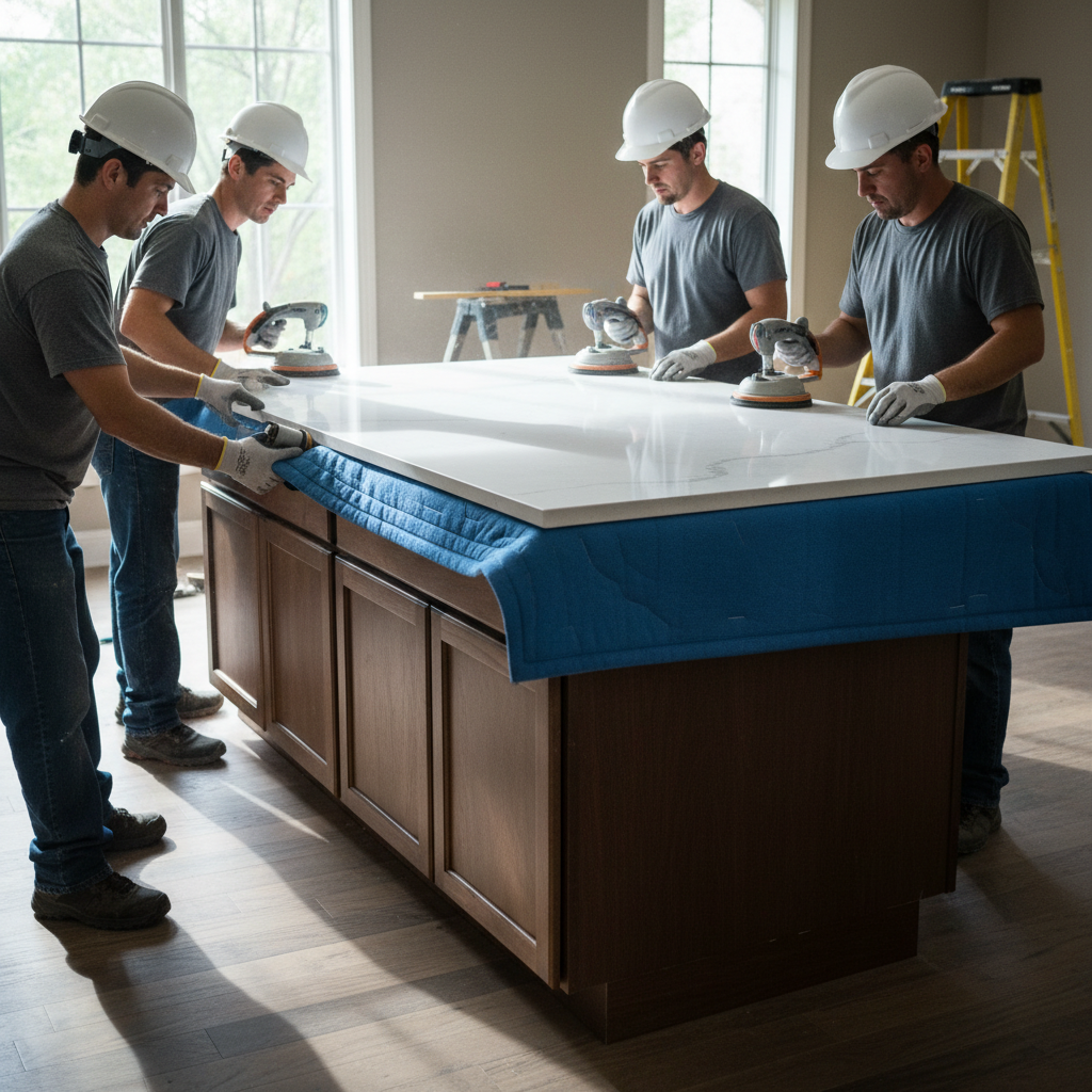Quartz Countertops: Stay Strong and Look Great in 2026 2 Professional installers positioning a quartz countertop slab onto base cabinets with suction lifters during a kitchen renovation