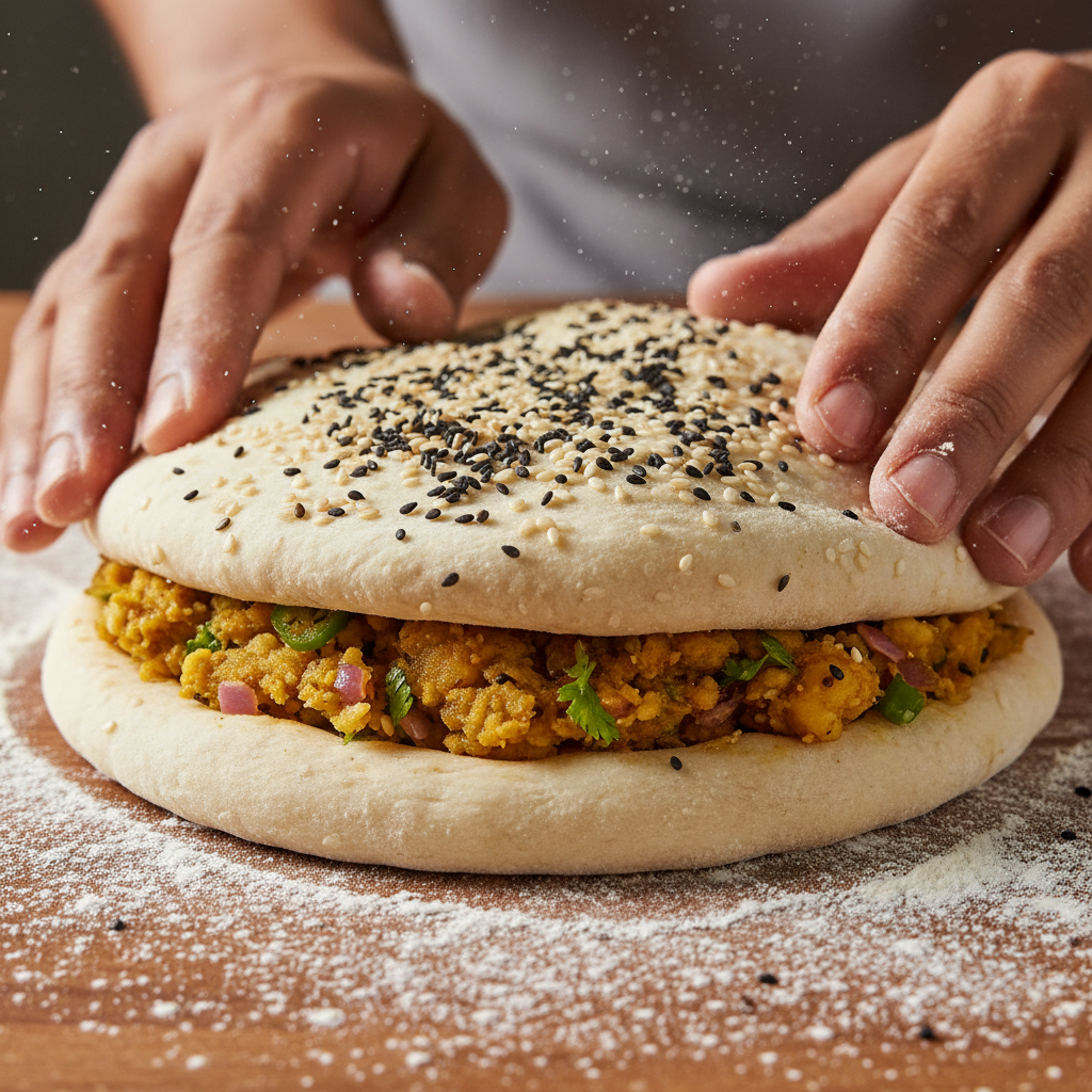Close-up of Amritsari kulcha dough being stuffed with spiced potato, sprinkled with nigella and sesame seeds, showing technique details for a home cook