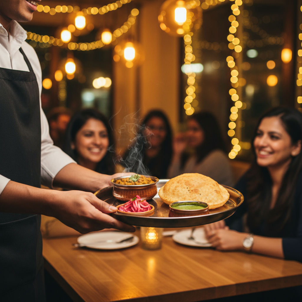 Server presenting a thali-style platter with Amritsari kulcha, chana, pickled onions, and chutney at a cozy Brampton eatery