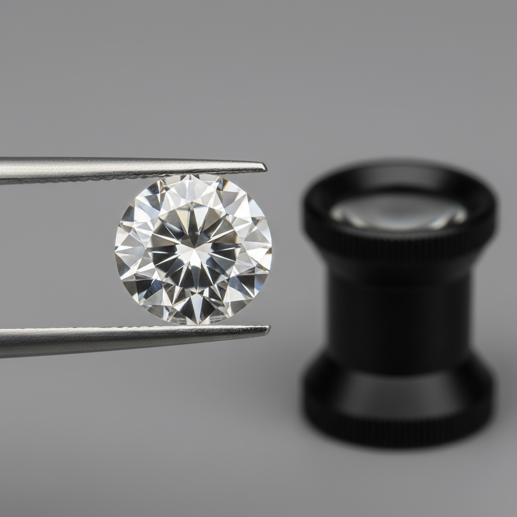 Macro close-up of a natural diamond in jeweler’s tweezers beside a loupe, illustrating diamond grading for natural diamond ring price in NYC
