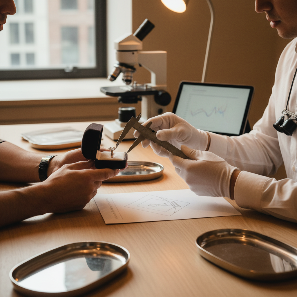 Private jewelry consultation scene in a New York office, reviewing a GIA report and an engagement ring to determine natural diamond ring price