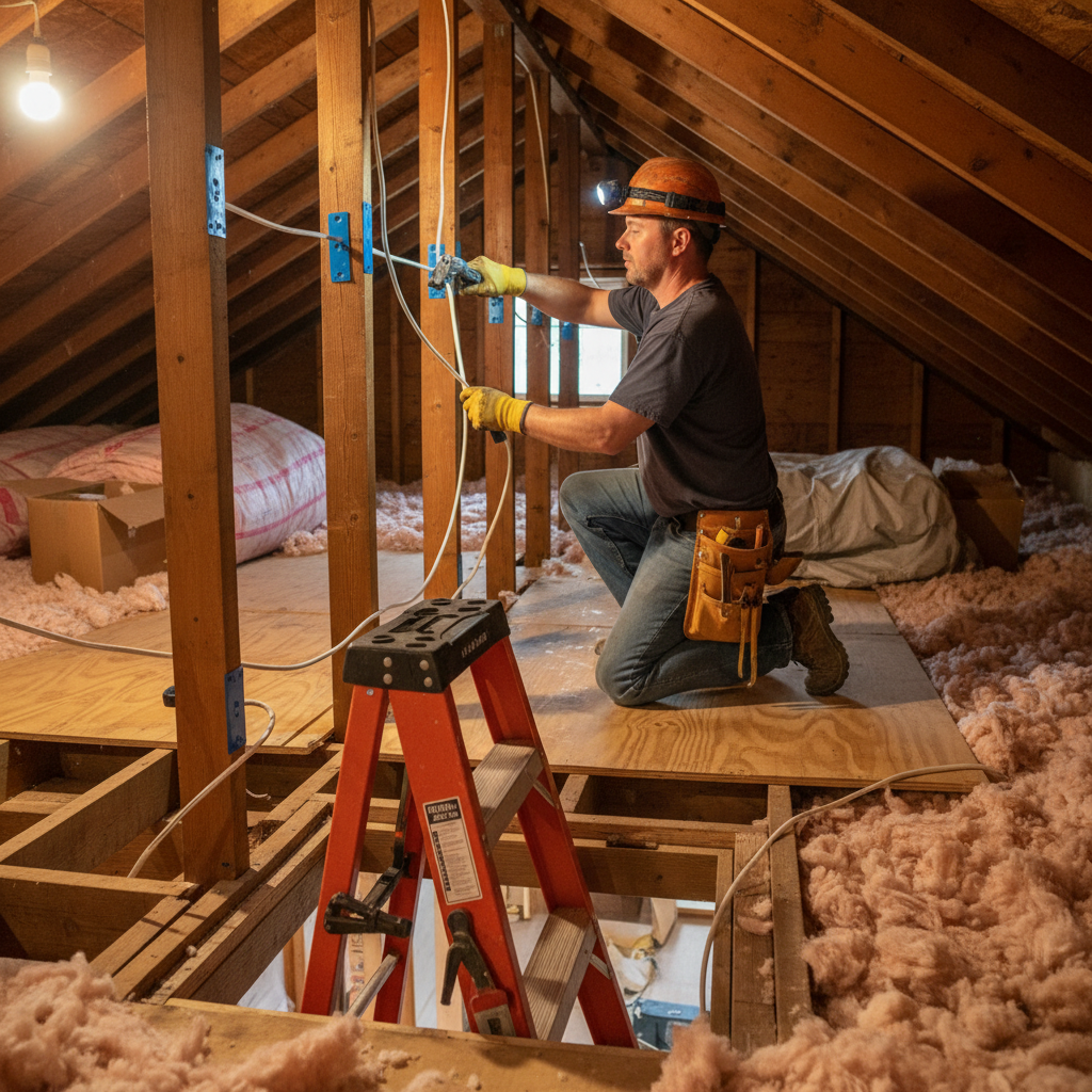 Electrician installing NM-B cable in a Tennessee attic across joists with protective platesideal method snapshot during a home rewiring project