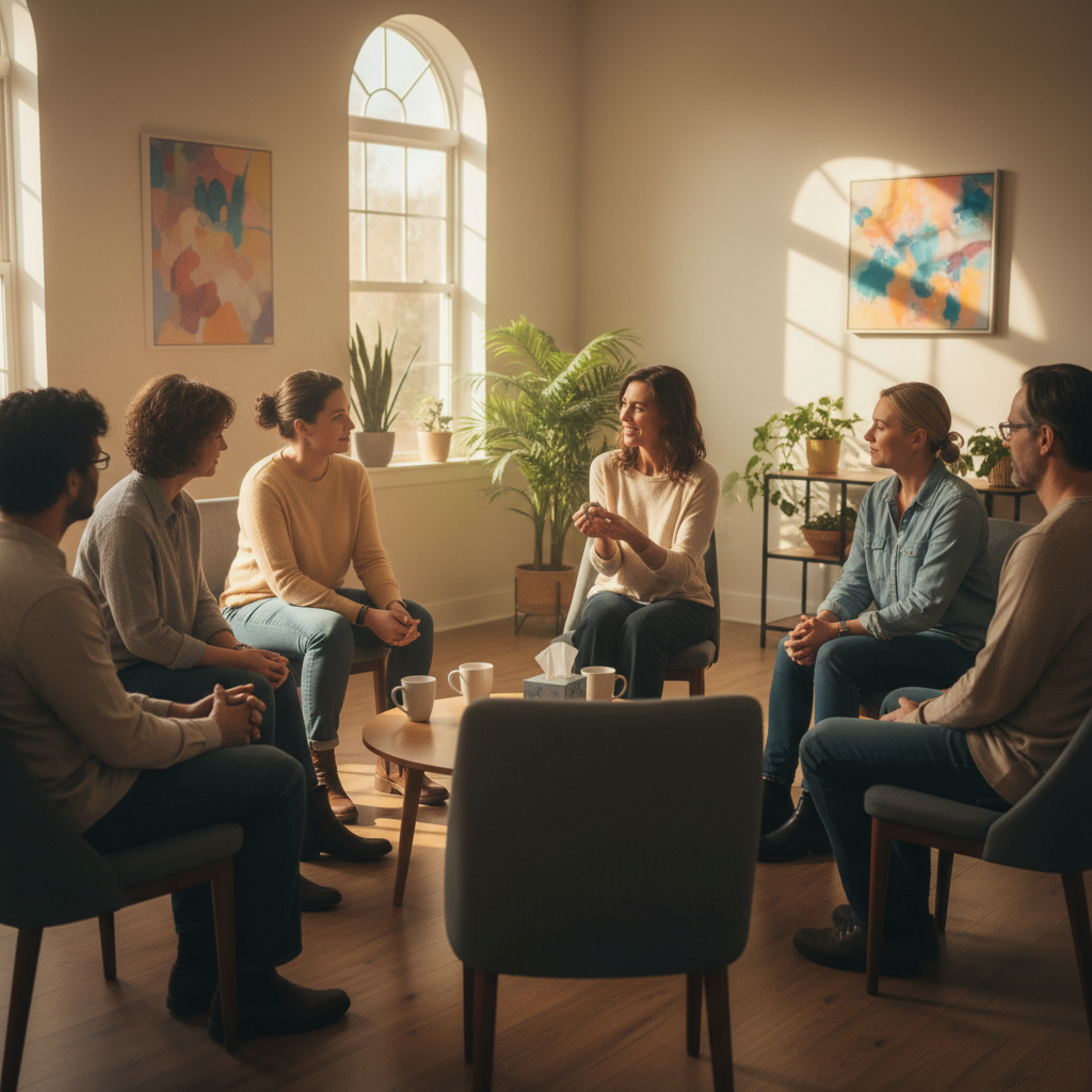 Peer support group in Ontario illustrating community-based recovery health care resources