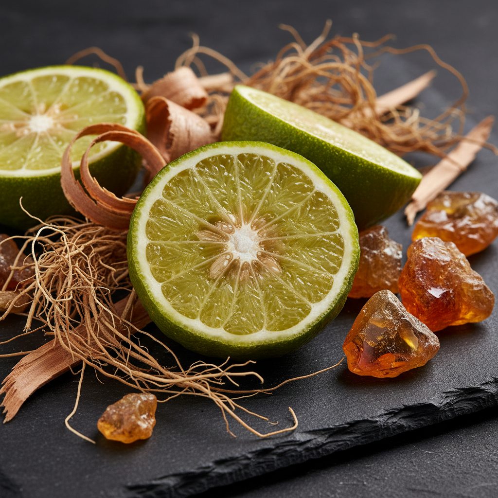 Close-up of bergamot, cedarwood, vetiver, and amber resin used in men’s fragrances, illustrating aromatic families and premium ingredients