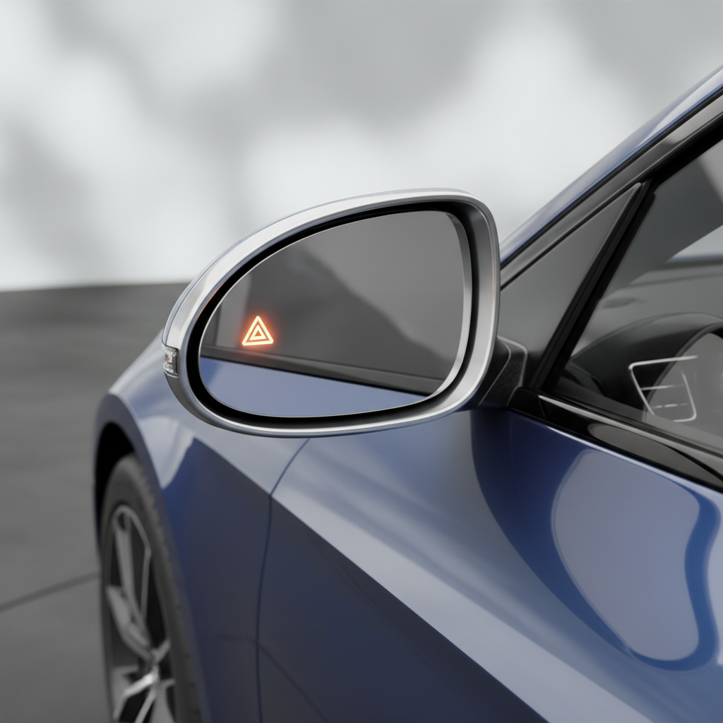 Close-up of car side mirror with blind-spot indicator, illustrating safety tech relevant to personal auto insurance underwriting in Ontario