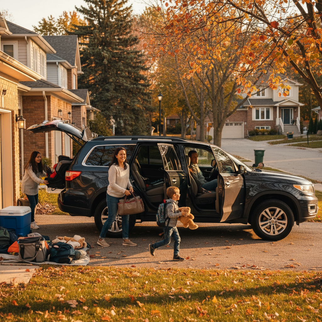 Family preparing a vehicle in a Whitby driveway at golden hour, illustrating everyday personal auto insurance needs and rental backup planning