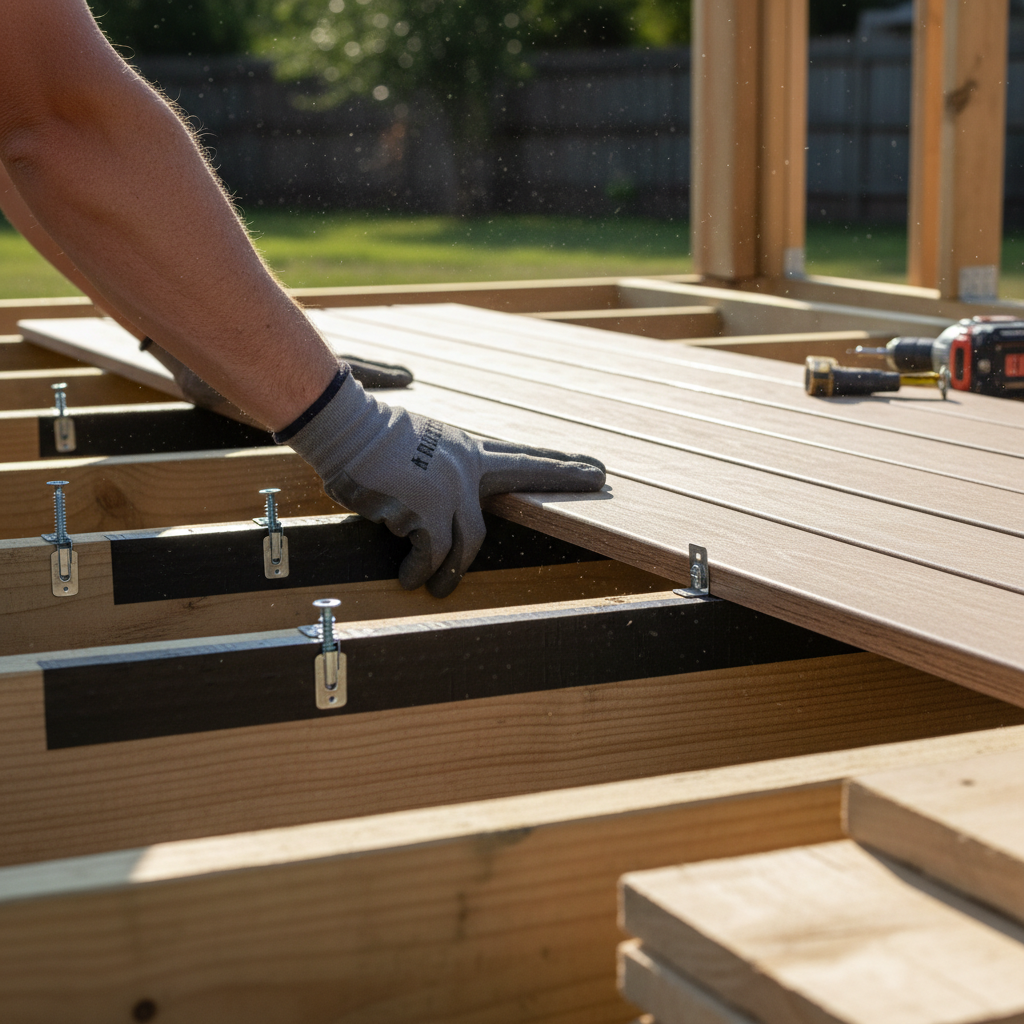 Deck installation process detail showing joists with flashing tape, stainless screws, and hidden fasteners for durable deck wood performance