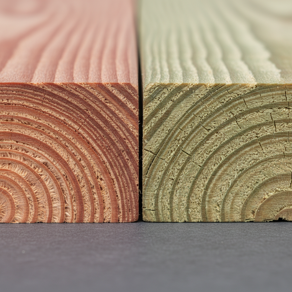 Close-up end grain comparison of cedar vs pressure-treated pine deck boards showing texture and color for deck wood selection