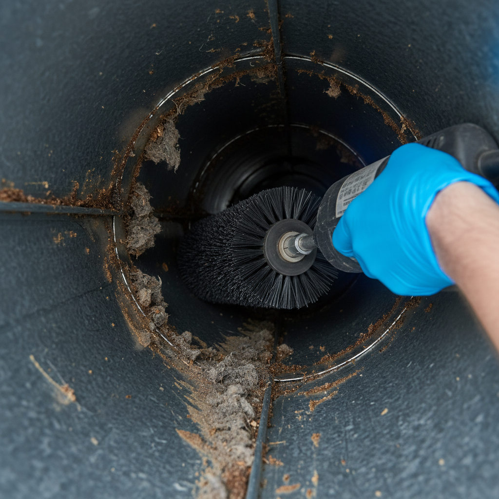 Close-up of kitchen duct interior during professional duct cleaning showing grease removal and airflow restoration for air quality improvement