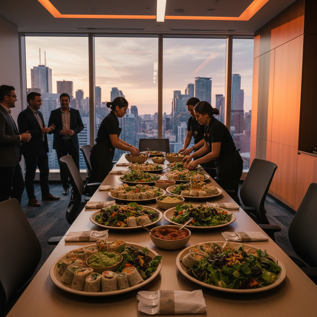 boardroom catering delivery setup in downtown Toronto with shawarma platters, salads, and dips arranged for a corporate event