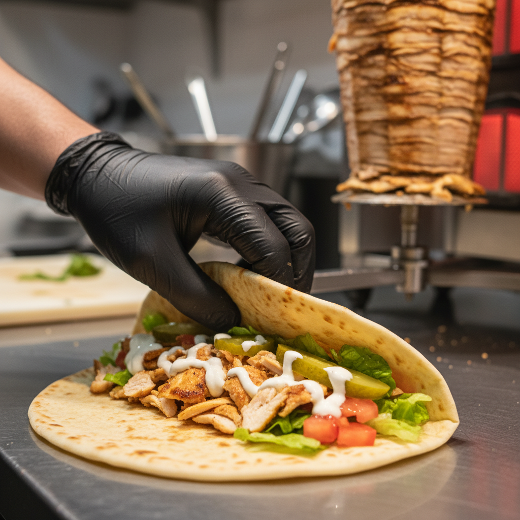 close-up of chef assembling shawarma wrap for party catering budget planning with fresh toppings and garlic sauce