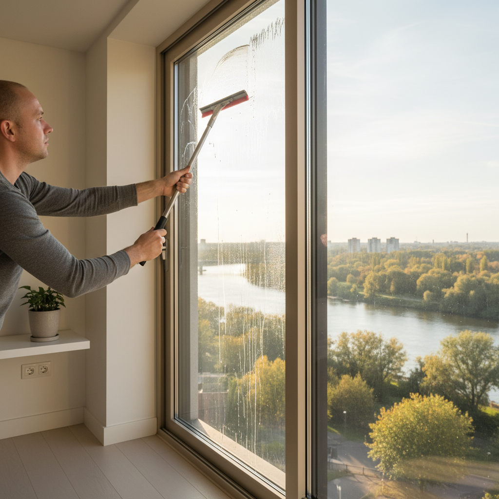 Saskatoon condo window cleaning from inside with a squeegee, showing soft riverfront view and bright natural light