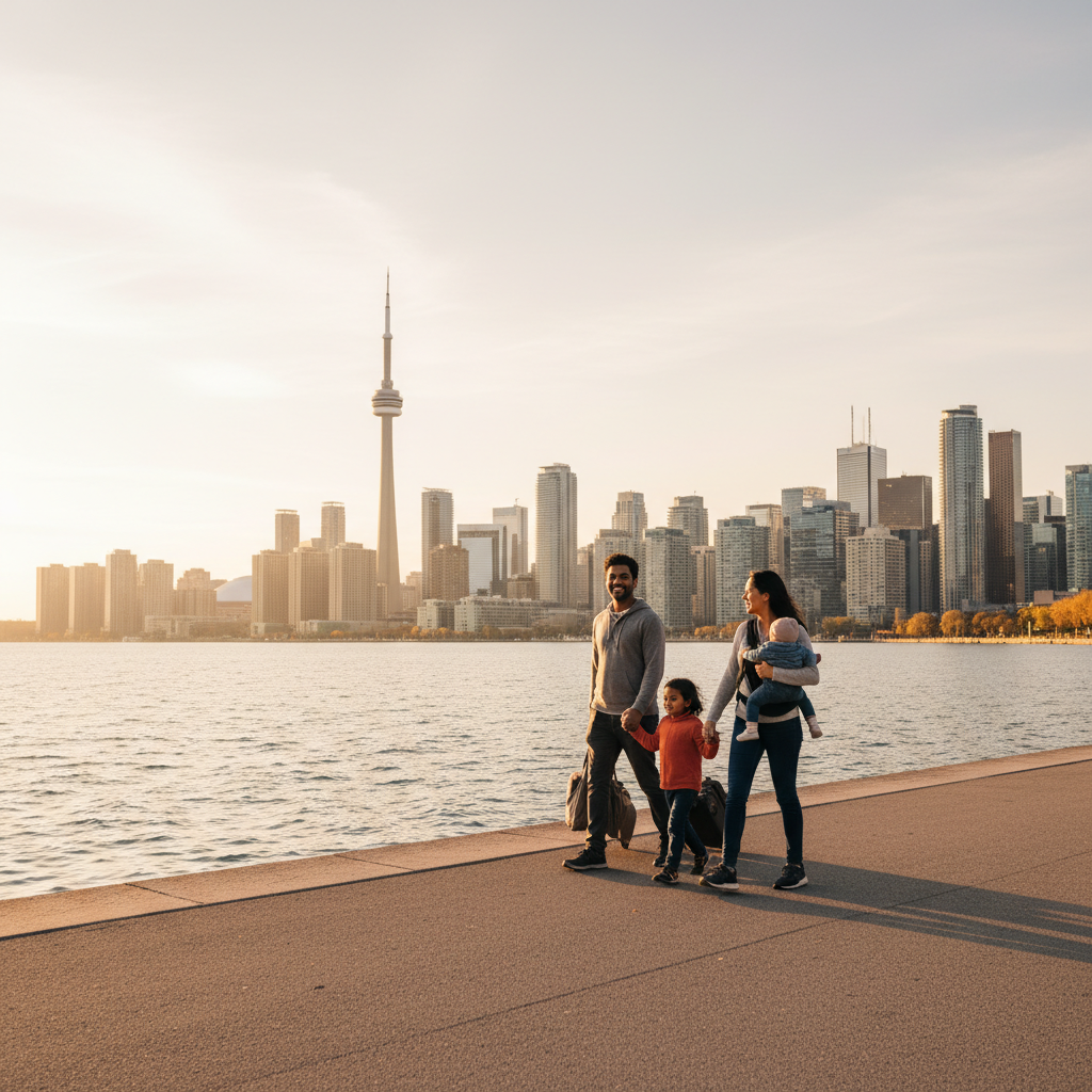 Newcomer family walking by Toronto waterfront near CN Tower after completing Canada citizenship application requirements