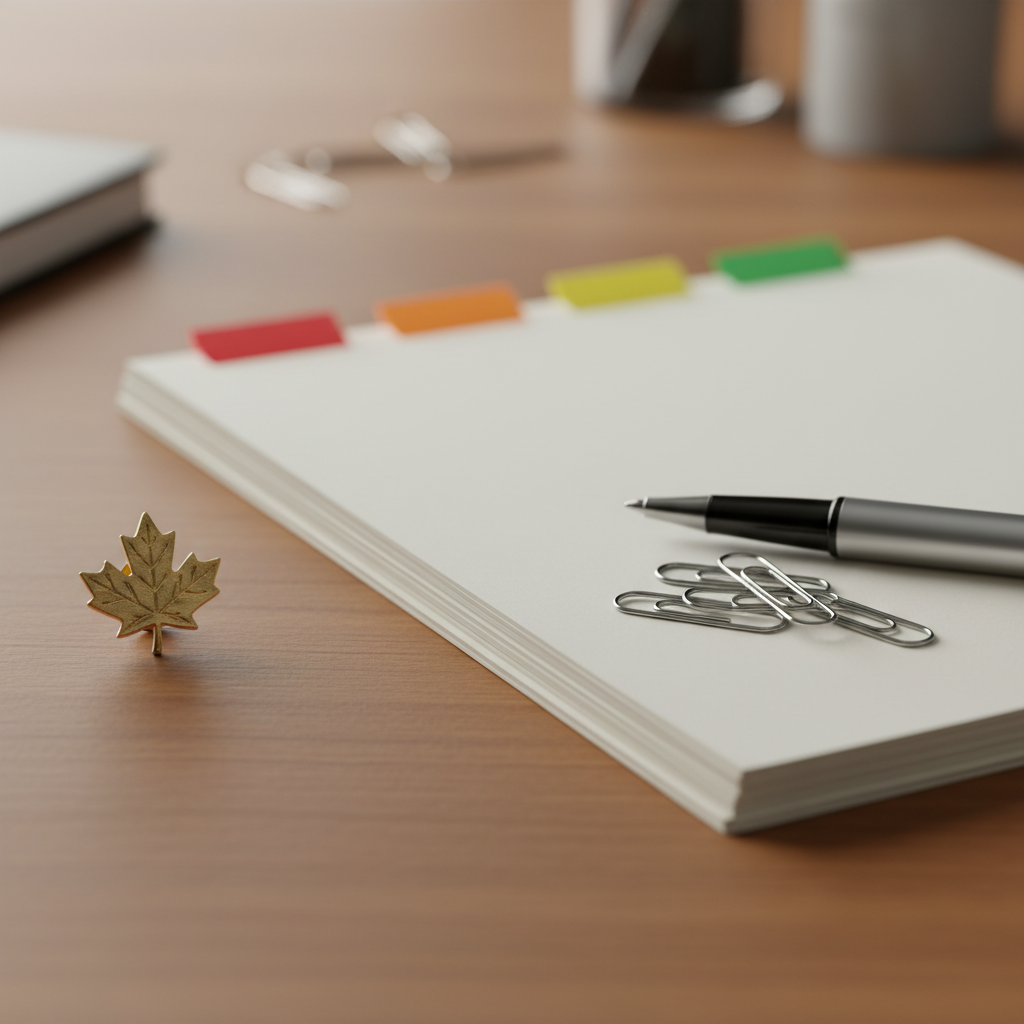 Organized Canadian citizenship application checklist with forms, tabs, and pen prepared for Canada eligibility requirements