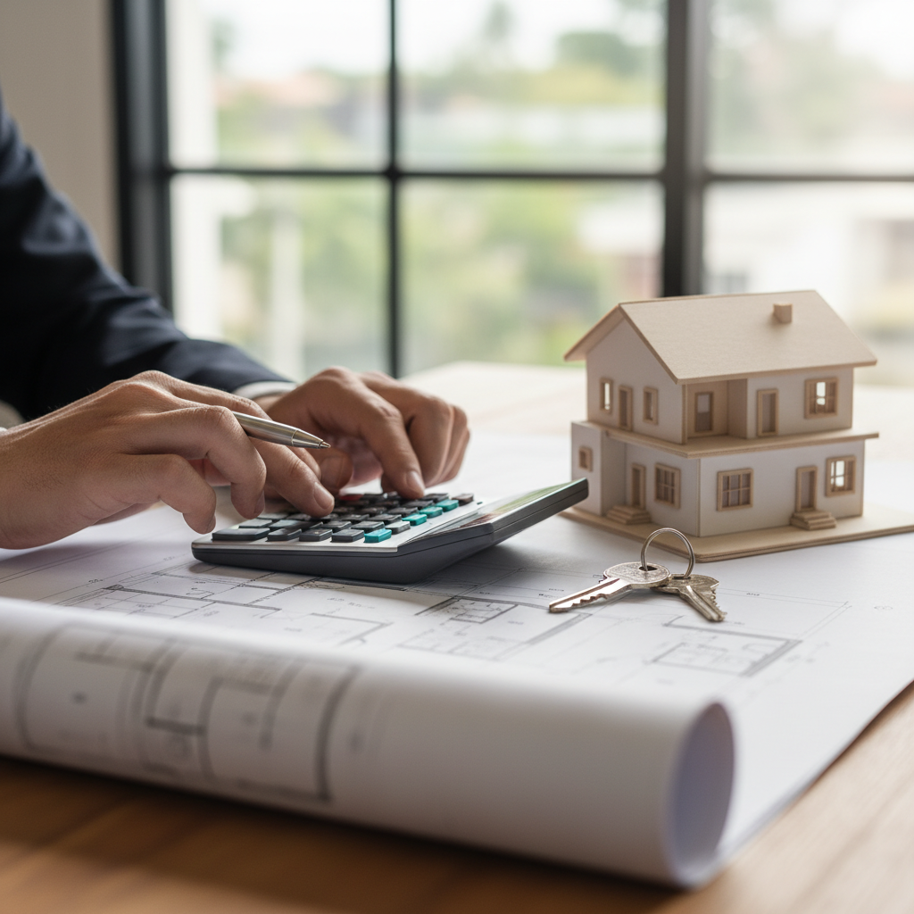 Close-up of investor using a calculator beside a small house model and keys, illustrating investment property financing strategies planning with offsets and equity release