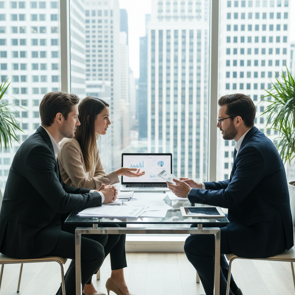 Property investors meeting a mortgage broker in a bright modern office, representing investment financing strategy review and pre-approval planning