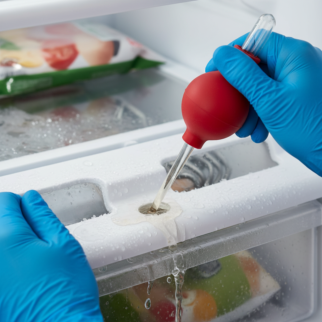 Close-up of a freezer defrost drain being cleared with warm water, a common fridge leaking water repair in Toronto condos