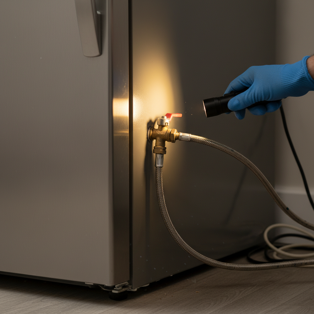 Technician inspecting a refrigerator water supply line and shutoff valve behind the fridge in a Toronto condo