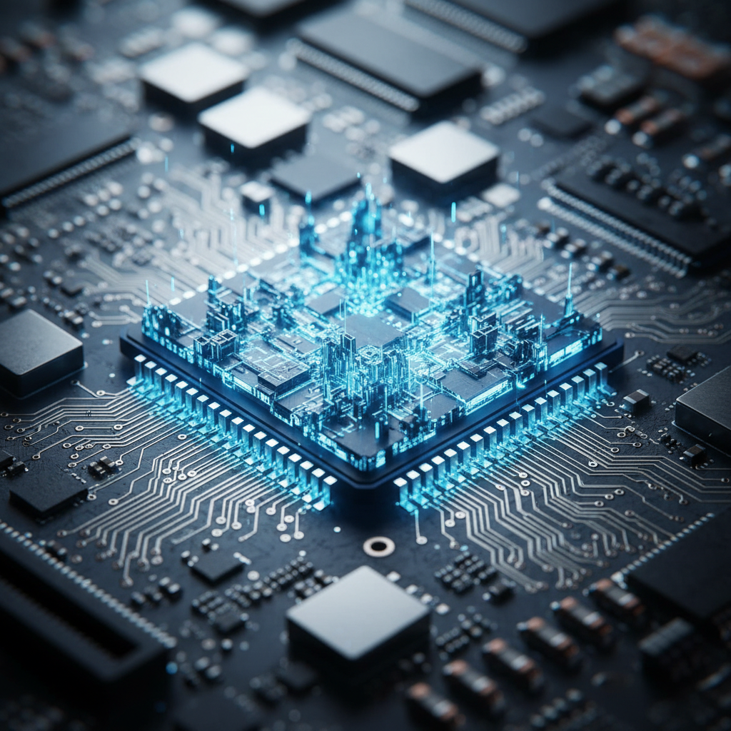 Close-up of an AI neural processor symbolizing a multi-agent, AI-powered SEO execution platform that automates optimization and publishing