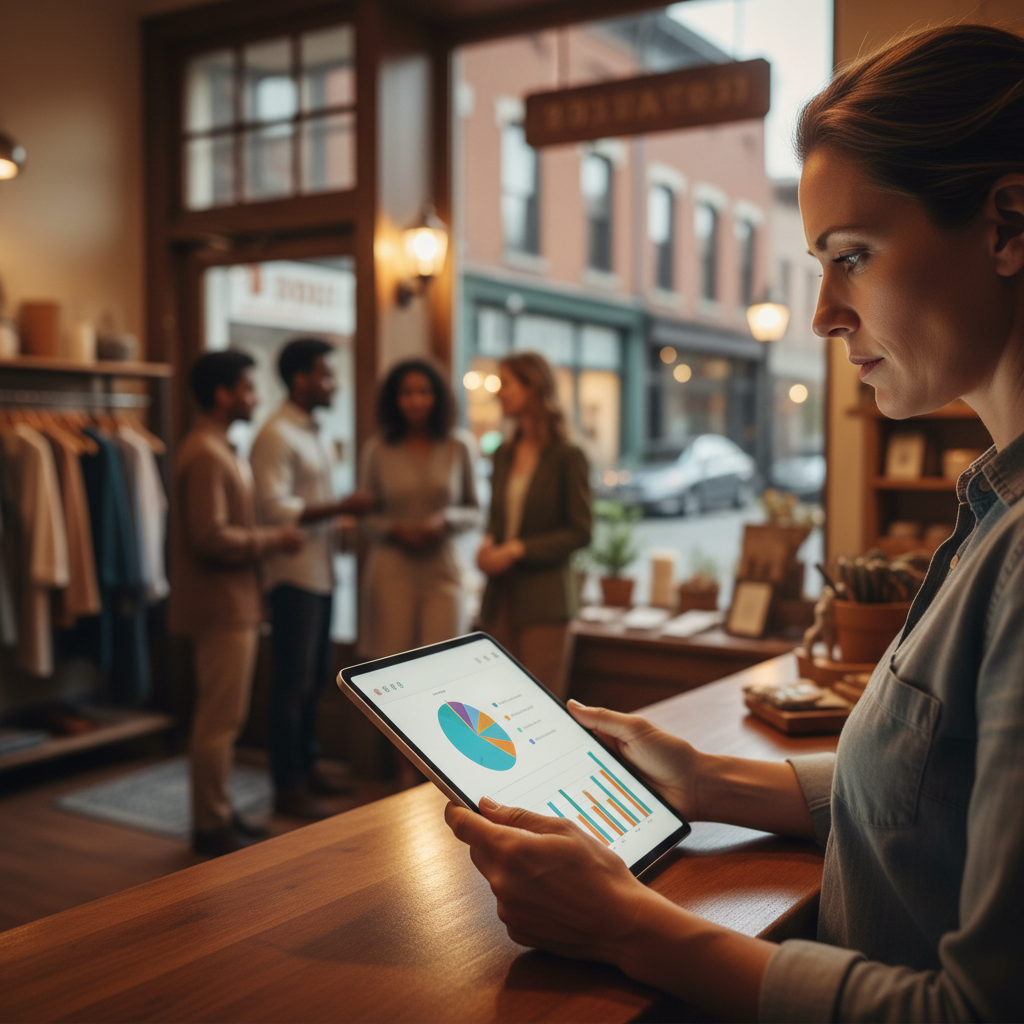 Small business owner reviewing performance charts on a tablet, illustrating local SEO gains from an AI-powered SEO execution platform