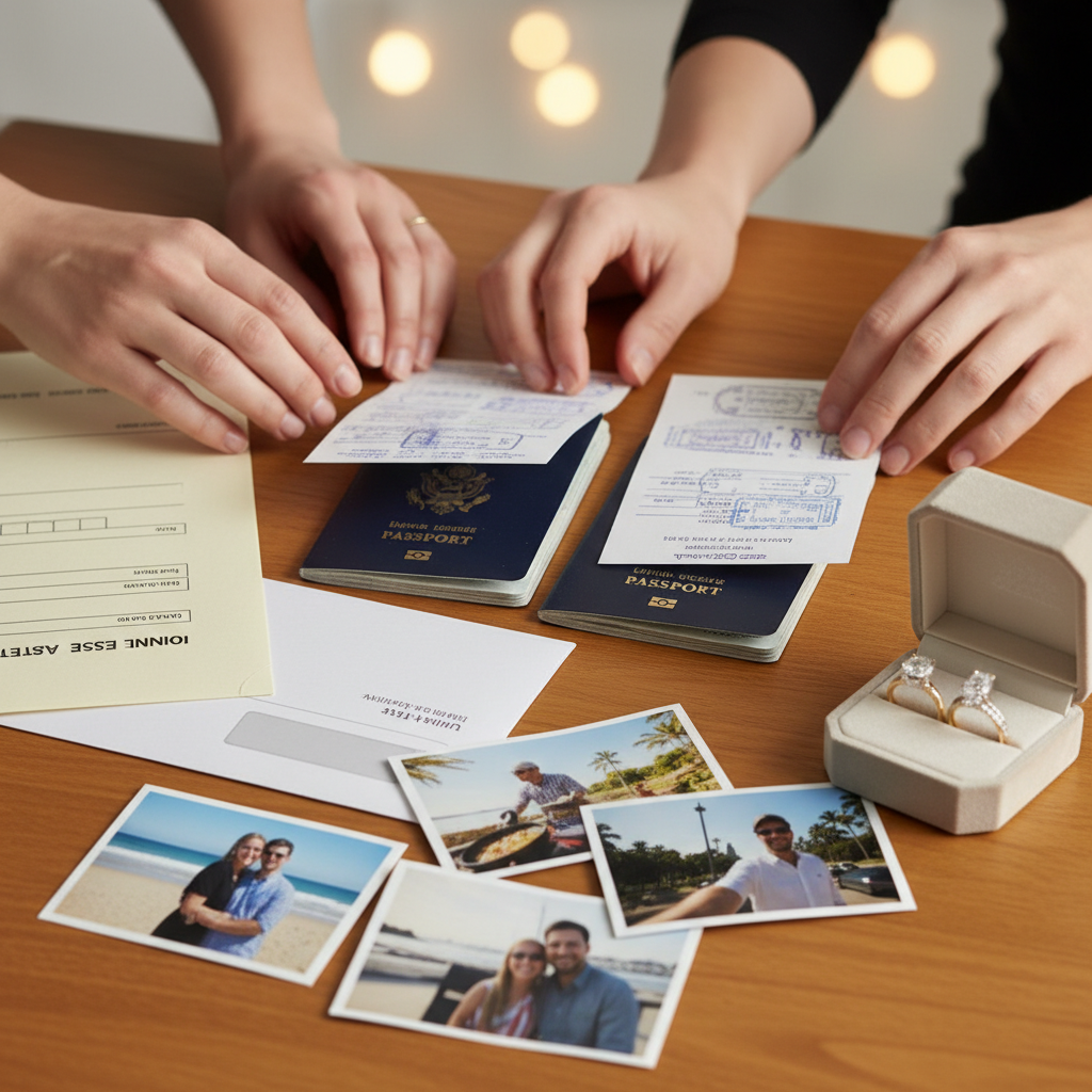 Close-up of common-law partnership sponsorship evidence: passports, joint lease, utility bill, and couple photos organized for IRCC submission